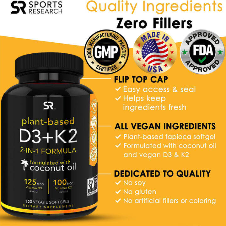 Vitamins D3 & K2 with Organic Coconut Oil for Better Absorption 2in1 Nutritional Support for
