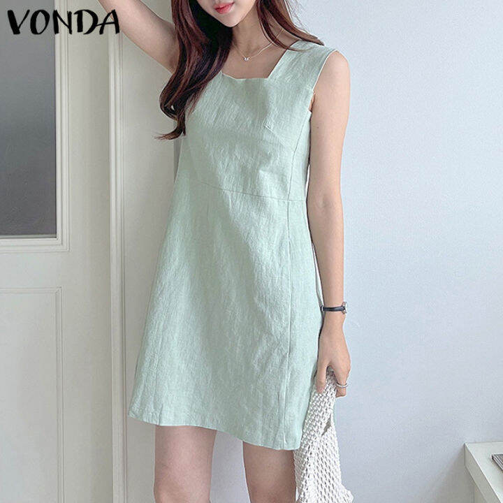 VONDA Women Square Neck Sleeveless Solid Color Mini Overalls Dress