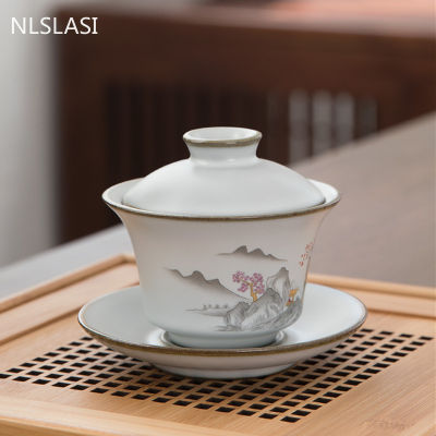 Jingdezhen Ceramics Tea Tureen Home Hand Painted White Porcelain Gaiwan Chinese Tea Ceremony Supplies with Cover Teacup Saucer