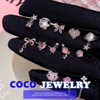 COCOJEWELRY ต่างหูเม็ดเดี่ยวรูปโบว์หัวใจสำหรับผู้หญิงต่างหูเงินทรงยาว S925ประดับพลอยเทียมสีชมพู