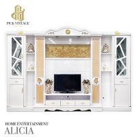 ALICIA HOME ENTERNMENT : ตู้โฮมเธียร์เตอร์วางทีวี+ตู้โชว์ สไตล์วินเทจ สีขาว รุ่น อาลิเซีย