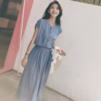 Spot parcel post Chiffon Dress Summer 2020 New Womens Korean-Style Temperament Dress Lace-up Waist-Controlled Slimming Casual Overknee Long Dress