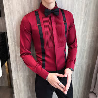 Fake Two Pieces Tuxedo Shirts Men Long Sleeve Casual Slim Fit Dress Social Shirts Streetwear Night Club Work Top Chemise Homme