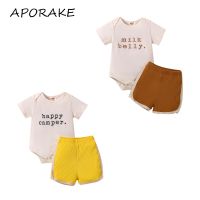 2022 0-24M Baby Girls Boys Summer Outfits Milk Belly/Happy Camper Short Sleeve Letter Romper+Ribbed Patchwork Shorts Casual 2pcs  by Hs2023