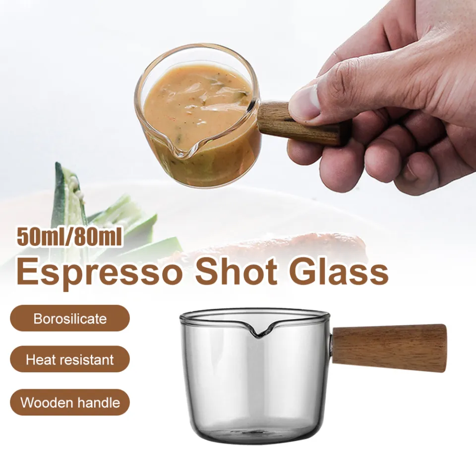 Tanlade Single Spout Espresso Shot Glass 75ML with Wood Handle Espresso  Glass Carafe Shot Glass Measuring Cup Mini Milk Glass Cup with Handle for  Milk