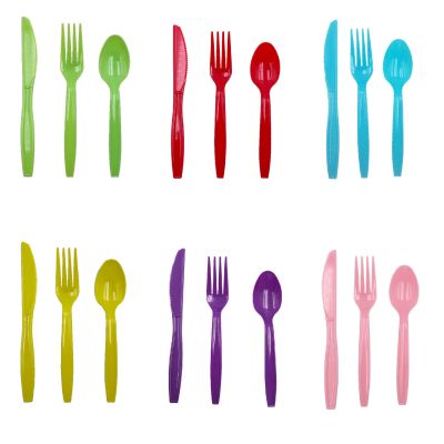 [HOT W] พลาสติกสีทึบมีดส้อมช้อนชุดสีเหลืองสีฟ้าสีชมพูสีดำสีม่วงสีเขียวทิ้งบนโต๊ะอาหารสำหรับ Bitrhday พรรคซัพพลาย