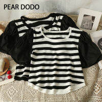 PEAR DODO เสื้อแขนสั้นสำหรับผู้หญิงเสื้อฟองคอกลมเย็บปะติดปะต่อกันฉบับภาษาเกาหลี