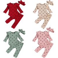 FOCUSNORM 0-24M Newborn Baby Girls Boys Clothes Sets 3pcs Heart Print Ruffles Long Sleeve Romper Tops Pants Headband