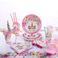 【hot】Girl Birthday Party Pink Unicorn Paper Plate Cup Napkin Disposable Tableware Sets Baby Shower 1st First Birthday Party Supplies