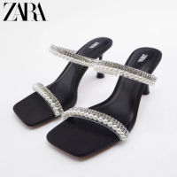 2023 ZARAˉSummer New Water Diamond Black Shiny High Heel Sandals Womens Pearl Slippers