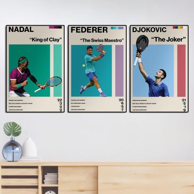 นักเทนนิส Djokovic, Nadal และ Federer Portrait โปสเตอร์กีฬาที่มีชื่อเสียงดาวการ์ตูนภาพวาดผ้าใบภาพประกอบ Wall Art Room Decor