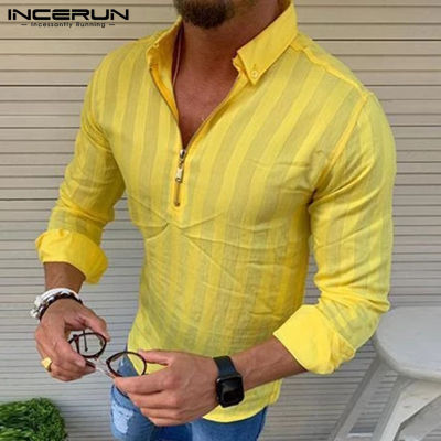 INCERUN เสื้อซิปแขนยาวสำหรับผู้ชาย,เสื้อเชิ้ตลายทางวินเทจเสื้อเบลาส์สำหรับใส่ในวันหยุดงานเลี้ยงเสื้อยืดแบบพอดีตัว