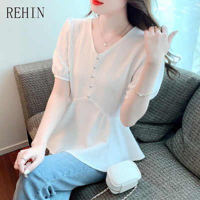 REHIN Women S Top Waist-Slimming Bubble Short-Sleeved Shirt Summer New Elegant Age-Defying V-Neck Chiffon Blouse