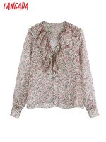 Tangada Women Flower Ruffles Transparent Blouse Fashion Long Sleeve Shirts Female Chic Chiffon Tops CE95