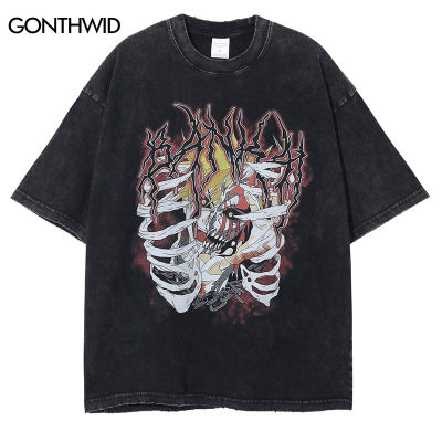 Hip Hop เสื้อ T Vintage Streetwear Harajuku ญี่ปุ่นอะนิเมะการ์ตูน Skull Skeleton พิมพ์ล้าง Tshirt ผู้ชายแฟชั่นหลวมเสื้อยืด