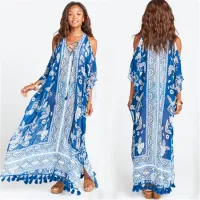 --D0512 Hot style chiffon printing beach blouse small tassel sexy off-the-shoulder gown bikini smock