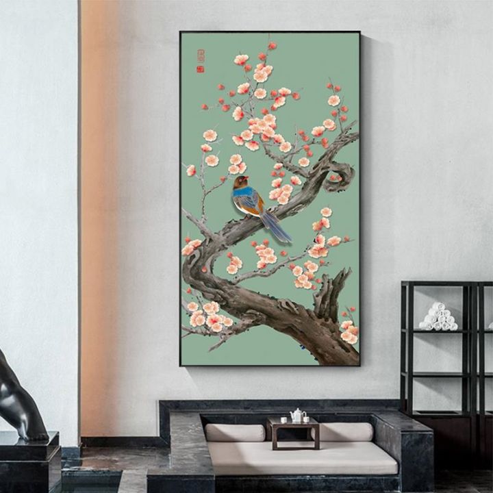 แปะก๊วยจีนดอกไม้นกผ้าใบภาพวาดที่สวยงามพืชใหญ่โปสเตอร์-n-พิมพ์นามธรรมศิลปะภาพผนังสำหรับห้องนั่งเล่นห้องครัว