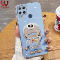 VWTEROKAI เคส3D ลายการ์ตูนโดราเอมอน,เคสที่วางโทรศัพท์สำหรับ OPPO Realme C15 C12 C25 C25S Narzo 20 Narzo 30A C20 C11 2021 C21กล้องปกป้องชุบทองนุ่มฝาครอบหลังซิลิโคน