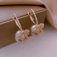 ；‘。、’ Fashion Crystal Bow Knot Drop Earrings For Women Exquisite Red Pearl Bowknot Earring Party Christmas New Year Jewelry Gifts