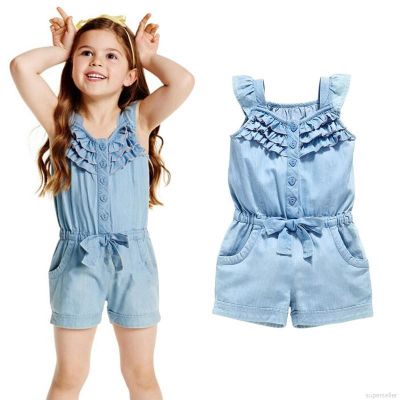 Kids Girls Rompers Denim Blue Cotton Washed Jeans