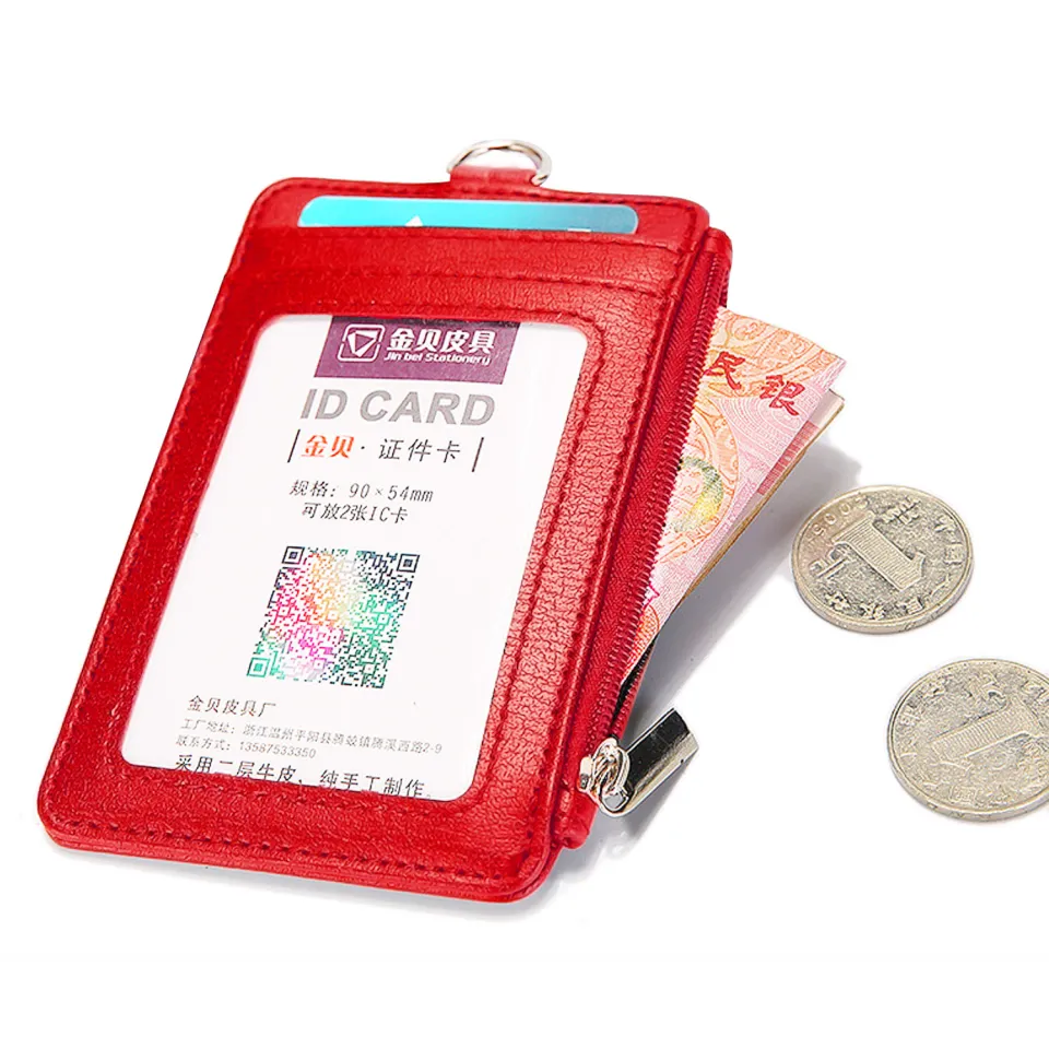 Leather ID Badge Card Holder Wallet with 5 Card Slots, Zipper and