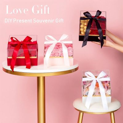 [ใหม่2023] สแควร์ของขวัญอะคริลิคกล่องที่มีริบบิ้น Rose Bouquet อะคริลิคกล่องใส่ของขวัญแบบใสกล่องขนม DIY ปัจจุบันของที่ระลึกห่อของขวัญกล่อง