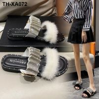 2023 new net red super fire rubber bottom sandals summer wear rhinestone foreign style mink fur slippers women flip flops