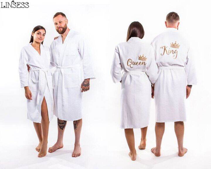 Waffled Cotton Bathrobes Set For Couple 2Pc Mr And Mrs Bath Robes Winter King Queen Waffle White