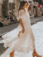 【YF】 Hollow Out White Summer Women Long Lace Dress Cross Semi-Sheer Plunge V-Neck Short Sleeve Beach Maxi Femme Vestidos