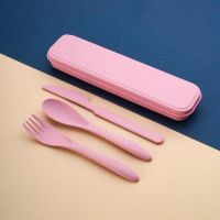 Spoon Fork Cutlery 3PCS/Set Wheat Straw Tableware Box Dinnerware Children Adult Travel Portable Kitchen Accessories Flatware Sets