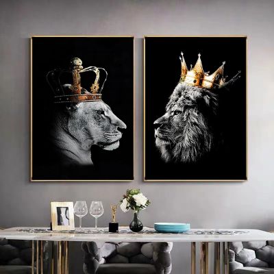 ภาพวาดศิลปะบนผนัง Lion King สีดำและราชินีสิงโตภาพสัตว์ผ้าใบพิมพ์สำหรับห้องนั่งเล่นสติกเกอร์ตกแต่งผนังบ้านไร้กรอบ Heyuan ในอนาคต