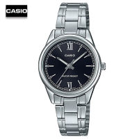 Velashop นาฬิกาข้อมือผู้หญิงคาสิโอ CASIO สายสแตนเลส สีเงิน หน้าปัดดำ รุ่น LTP-V005D-1B2UDF, LTP-V005D-1B2, LTP-V005D