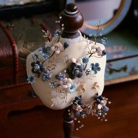 ₪ Fashion Handmade Blue Flower Headpiece With Earrings Wedding Hair Accessories For Bride Vintage Jewelry Tiara Diadema
