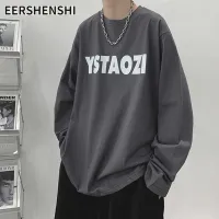 EERSHENSHI ผู้ชายแขนยาวเสื้อยืด INS แฟชั่นหลวมรอบคอจดหมายพิมพ์แขนยาวเสื้อยืด