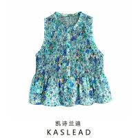 KASLEAD new womens clothing in Europe and the wind restoring ancient ways round collar fold printed sleeveless tops 02999262330 ❤