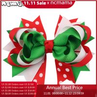 ncmama Christmas Printed Hair Bow Grosgrain Ribbon Hair Clips Boutique Handmade Bow For Kids Christmas Party Hair Accessories