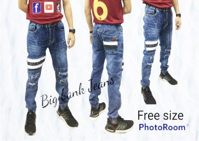 กางเกงยีนส์ กางเกงยีนส์ขายาว กางเกงยีนส์ผุ้ชาย กางเกงขาจั๊ม เอวจั๊ม ยีนส์คาดหนัง Size. Free Size (28-34)