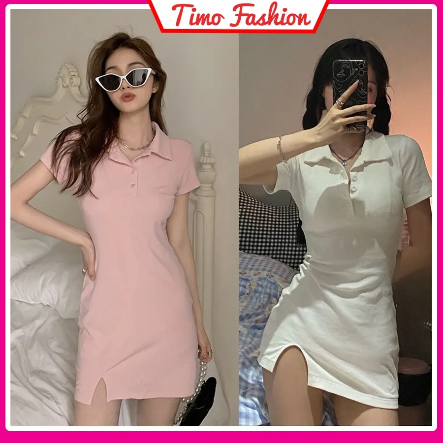 Váy body cổ polo, đầm ôm body xẻ trước tay ngắn chất thun co giãn ...