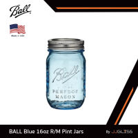 JJGLASS - BALL Blue 16oz R/M Pint Jars - Ball Mason Jar โหลแก้วถนอมอาหารบอลล์ สีฟ้า ปากธรรมดา 16 ออนซ์ บรรจุอาหาร ขวดเครื่องดื่ม