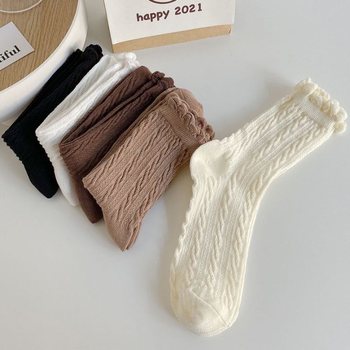 ถุงเท้าญี่ปุ่นแฟชั่น-สไตล์วินเทจ-ลายลูกไม้-ข้อกลาง-สีพื้น-สำหรับผู้หญิง