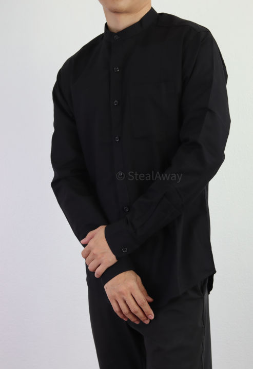 เสื้อเชิ้ตคอจีนผู้ชายแขนยาวสีดำ-มีไซส์ใหญ่-m-5xl
