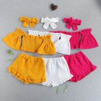 1-6Y Summer Fashion Kid Baby Girls Clothes Sets Short Sleeve Off Shoulder Crop Tops Shorts Headband 3Pcs Outfit Sets