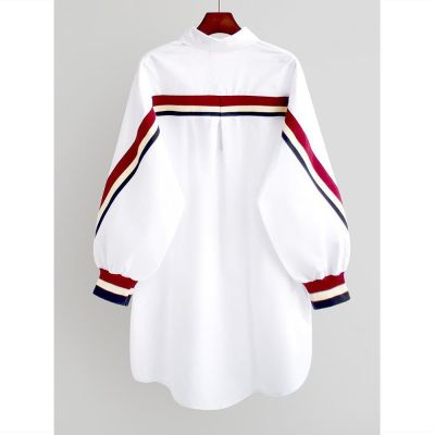 White loose button striped bandage shirt womens shirt 2021 striped shirt loose long-sleeved shirt jacket plus size ladies top