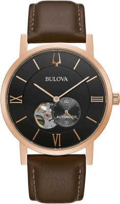 Bulova Mens American Clipper Automatic Leather Strap Watch, Open Aperture Brown Strap/Rose Gold Tone