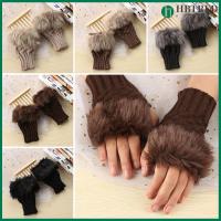 HBTRED Warm Knitted Winter Autumn Wrist Gloves Couples Fingerless Mittens Faux Rabbit Fur Exposed Finger