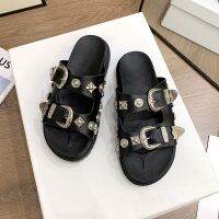 Retro Belt Buckle Platform Womens Shoes Summer Rivets Decorative Flats Slippers Comfortable Outer Wear Slides Girl Casual Shoes