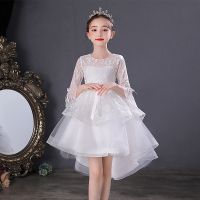 ∋❄❧ Girls Trailing Princess Dress Primary School Students Dinner Piano Performance Costume Childrens Puffy Mesh W1243