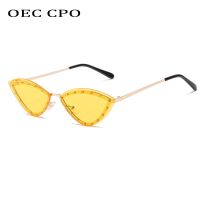 {Paopao glasses}OEC CPO เพชรที่ไม่มีขอบแว่นกันแดดผู้หญิงกรอบโลหะแมวตาแว่นกันแดดสำหรับผู้หญิงวินเทจแว่นตาหญิงยี่ห้อแว่นตา UV400