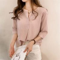 Round Neck Striped Shirt Womens Three-Quarter Sleeve Top Loose Casual Ready Stock Wholesale Price F