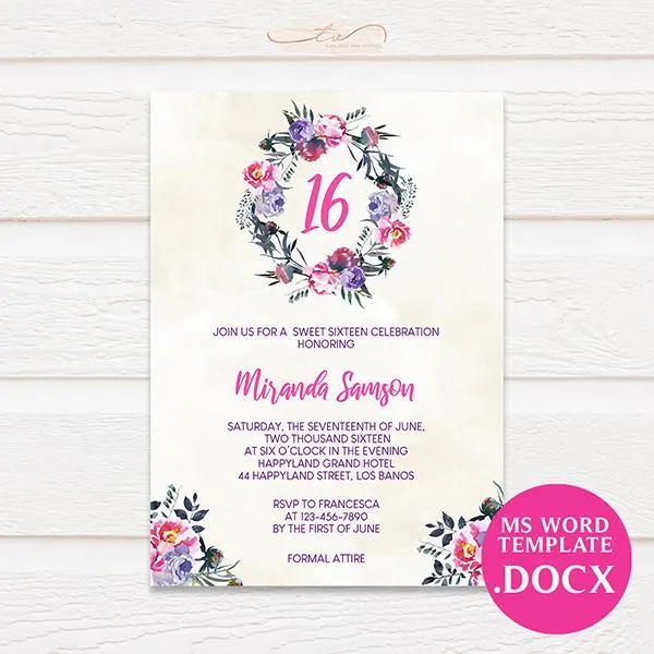 Watercolor Florals Birthday Invitation Microsoft Word .DOCX Printable